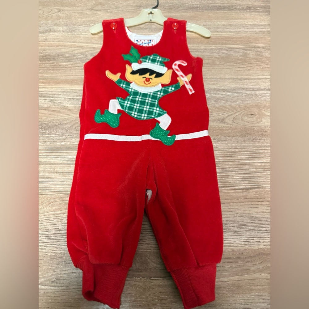 Hearts Designs Vintage 90s Baby Overalls with Elf Design Baby Size 6/9 Months